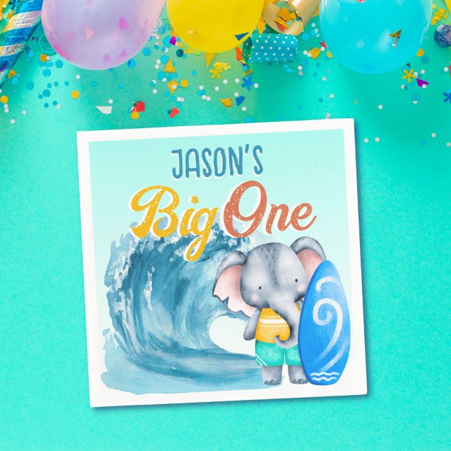 Big One surfing beach 1st birthday party elephant Napkins (Creator Uploaded)