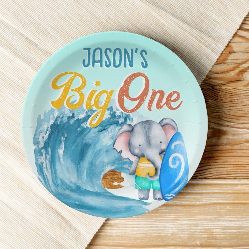 Big One surfing beach 1st birthday party elephant Paper Plates