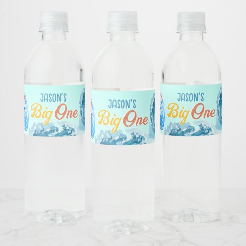 Big One surfing beach 1st birthday party elephant Water Bottle Label