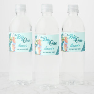 Big one surfing beach birthday party personalized water bottle label