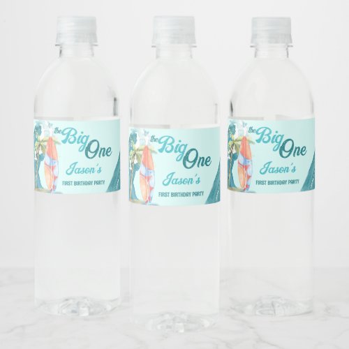 Big one surfing beach birthday party personalized water bottle label