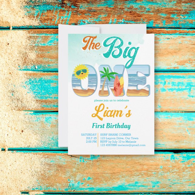Big One surfing beach summer birthday Invitation (The Big One Surfing beach first birthday party invitation template instant download surf boards sun)
