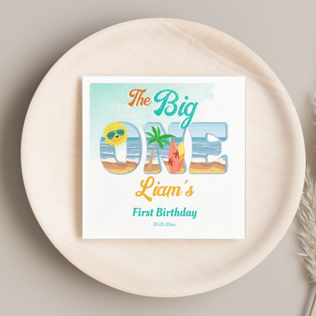 Big One surfing beach summer birthday tableware Napkins (Big One surfing beach summer first birthday party personalized tableware monogram printed Napkins)