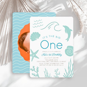Big One Turquoise Blue Wave Boy Photo 1st Birthday Invitation