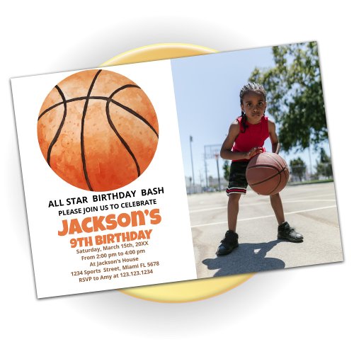 Big Orange Basketball Birthday Invitations w photo