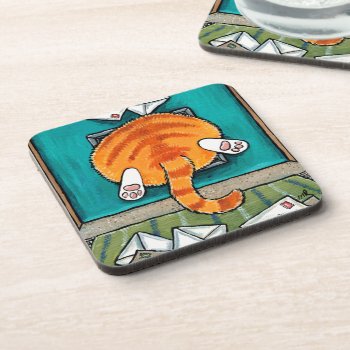 Big Orange Tabby Cat In Cat Flap Beverage Coaster by LisaMarieArt at Zazzle