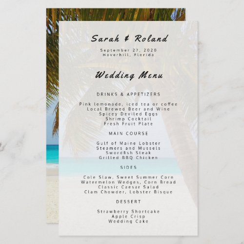 Big Palm Tree Beach Wedding Custom Menu