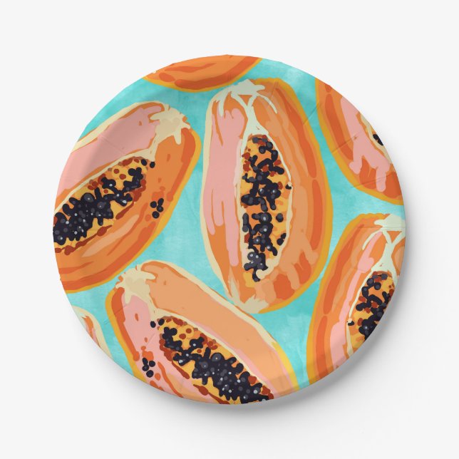 Big Papaya Watercolor Painting, Tropical Fruits Paper Plates (Front)