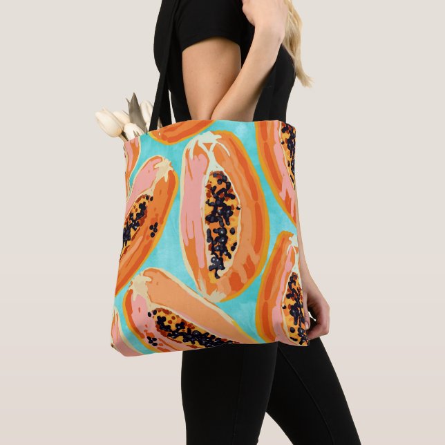 Big Papaya Watercolor Painting, Tropical Fruits Tote Bag (Close Up)