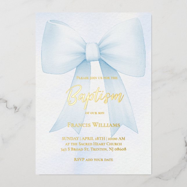 big pastel blue bow | Baptism Foil Invitation (Front)