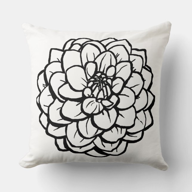 Big Pen and Ink Dahlia - Black on White Throw Pillow (Front)
