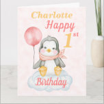 Big Penguin Happy 1st Birthday Pink Card<br><div class="desc">The cute 1st baby penguin birthday card. The card features a baby girl penguin sitting on a cloud holding balloon. A sweet design for a little girl who will be one year old. Personalize by adding the little girl's name and age then change or add to the message inside to...</div>