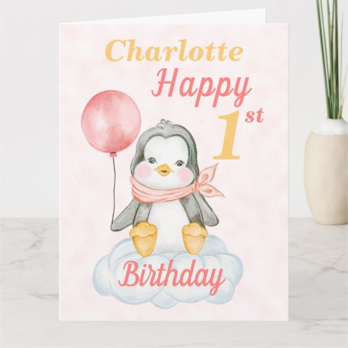 Big Penguin Happy 1st Birthday Pink Card