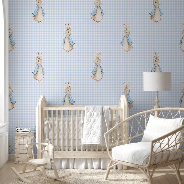 Big Peter the Rabbit Beatrix Blue Gingham   Wallpaper (Kids)