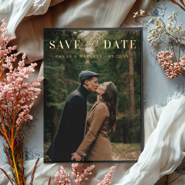 Big Photo Foil Save the Date Gold Invitation Postcard (Creator Uploaded)