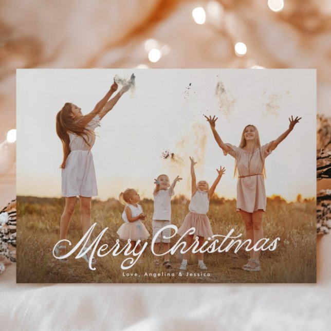 Big Photo White Lettering Overlay Merry Christmas Holiday Card (Creator Uploaded)