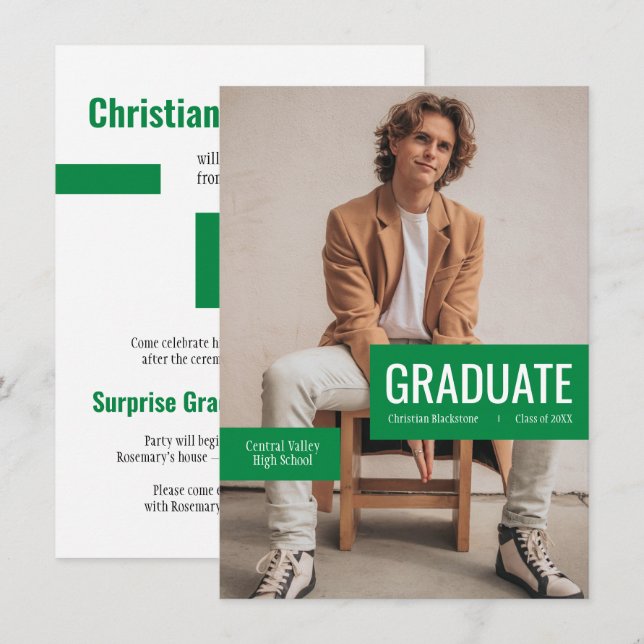 Big Photo with Blocks of Green Graduation Invitation (Front/Back)