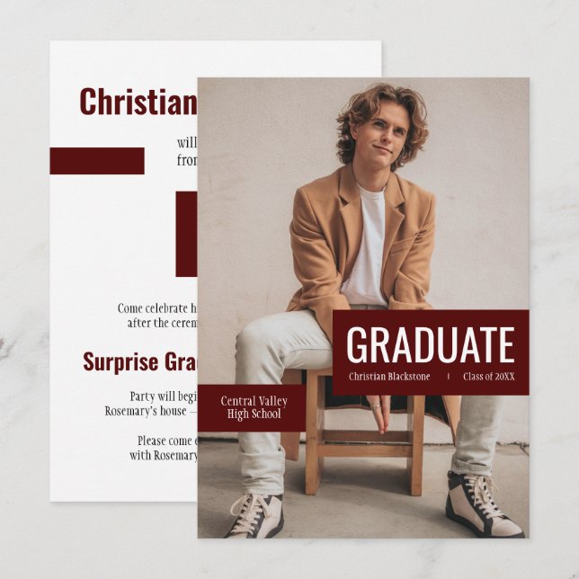 Big Photo with Blocks of Maroon Graduation Invitation (Front/Back)