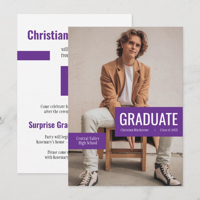 Big Photo with Blocks of Purple Graduation Invitation (Front/Back)