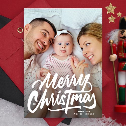 BIG PHOTOS  white lettering Merry Christmas Holiday Card