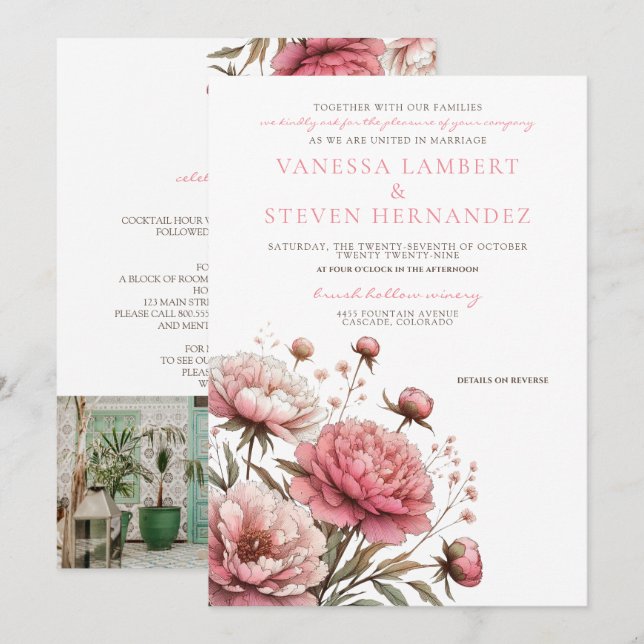 Big Pink Blooms Wedding Invitation (Front/Back)