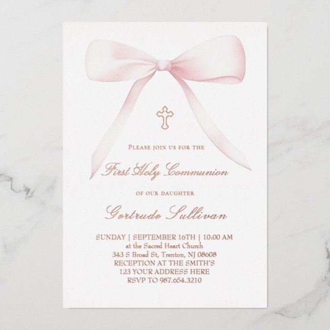 big pink bow | First Communion Foil Invitation (Front)
