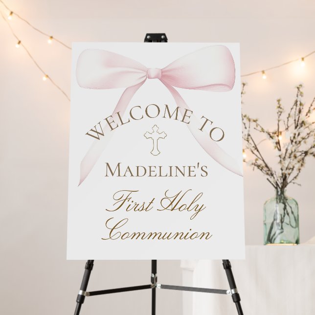 Big pink bow First Communion welcome sign (In Situ (Stand))