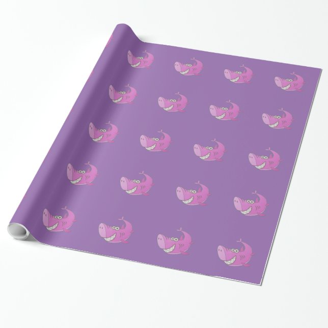 Big Pink Cartoon Shark Wrapping Paper (Unrolled)