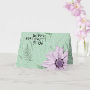 Big Pink Daisy Green Happy Birthday Custom Name Card
