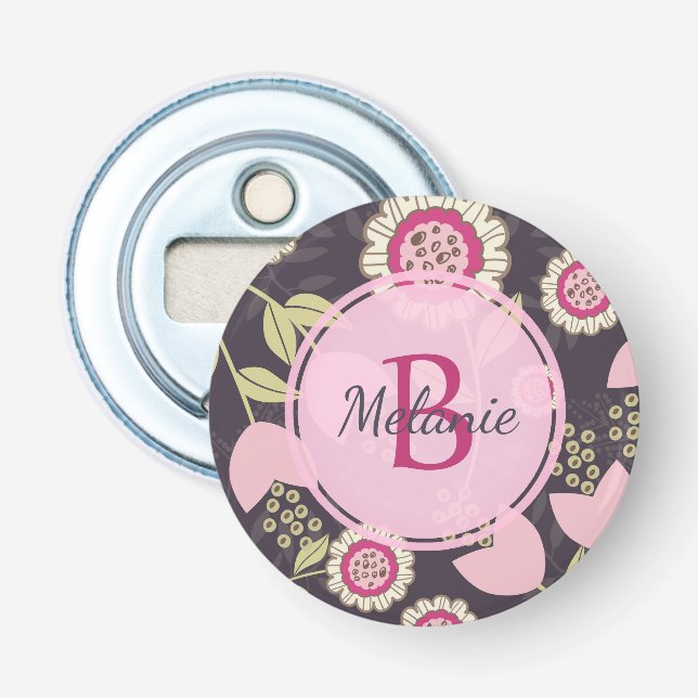 Big Pink Floral Tulip Pattern Monogram Bottle Opener (Front)