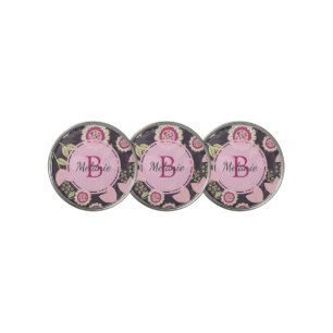 Big Pink Floral Tulip Pattern Monogram Golf Ball Marker