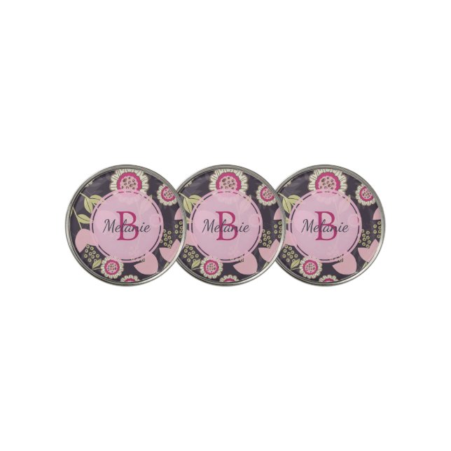 Big Pink Floral Tulip Pattern Monogram Golf Ball Marker (3 Up)