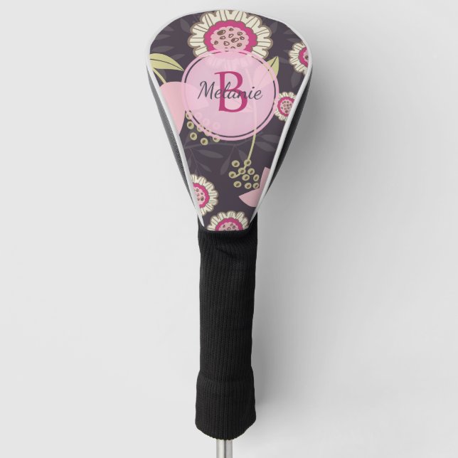 Big Pink Floral Tulip Pattern Monogram Golf Head Cover (Front)
