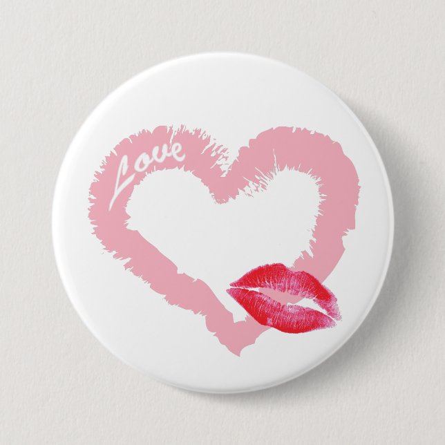 Big Pink Love Heart with Lips Pinback Button (Front)