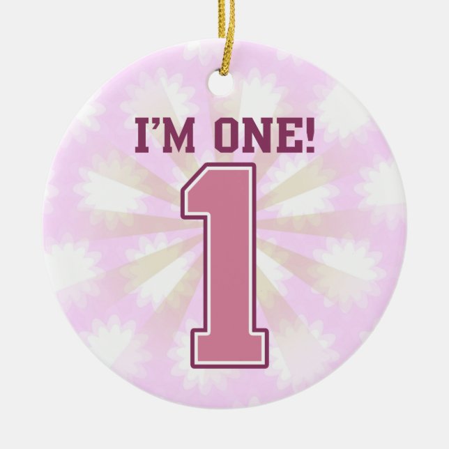 Big Pink Number One, Girl's First Birthday Ceramic Ornament (Front)