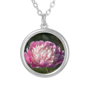 Big pink peony flowers in spring day silver plated necklace
