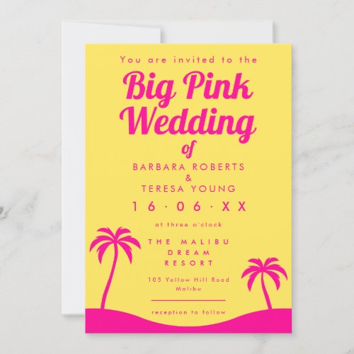 Big Pink Wedding Barbiecore Trendy Yellow Beach Invitation