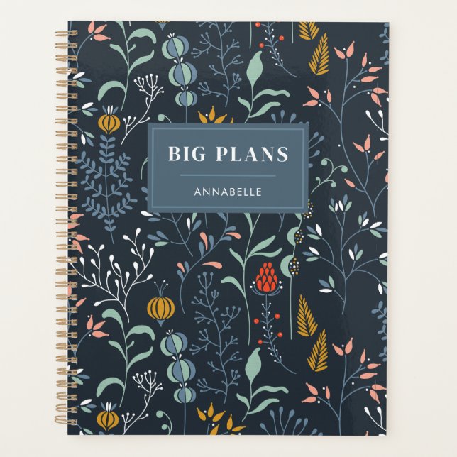 'Big Plans' Monogram Name Blue Wild Grass Pattern Planner (Front)