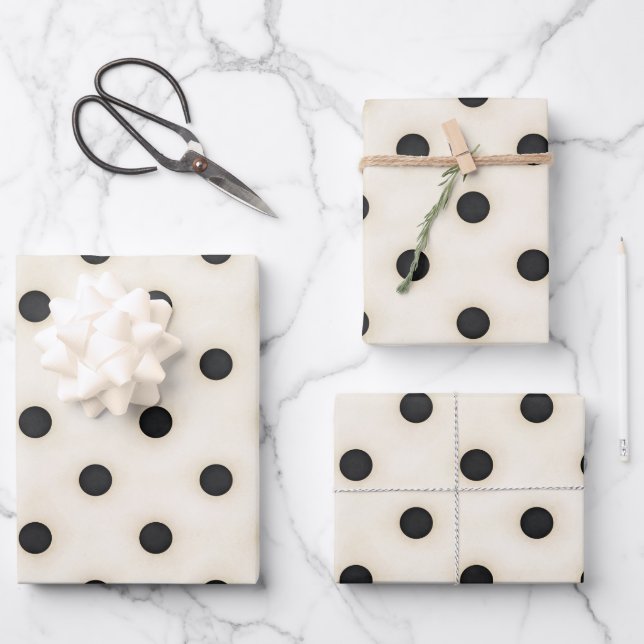 Big Polka Dots Black & Antique White Wrapping Paper Sheets (Front)
