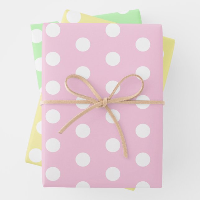 Big Polka Dots Pink, Green and Yellow Pattern Wrapping Paper Sheets (In situ)
