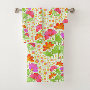 Big Pop Color Flowers Pink and Orange Pale Green  Bath Towel Set