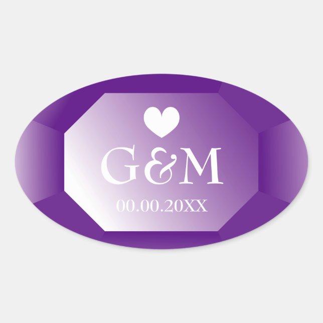 Big purple gemstone monogram wedding favor oval sticker (Front)