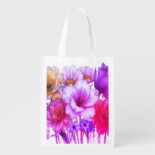 Big Purple + White Flowers Reusable White Wedding Grocery Bag