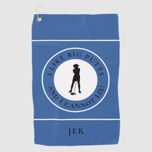 Big Putts Funny Lady Golfer Modern Blue Black Golf Towel