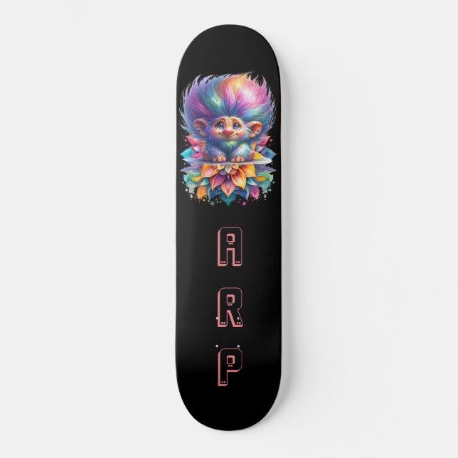 *~* Big Rainbow Hair Troll AP89 Neon Initial  Skateboard (Front)