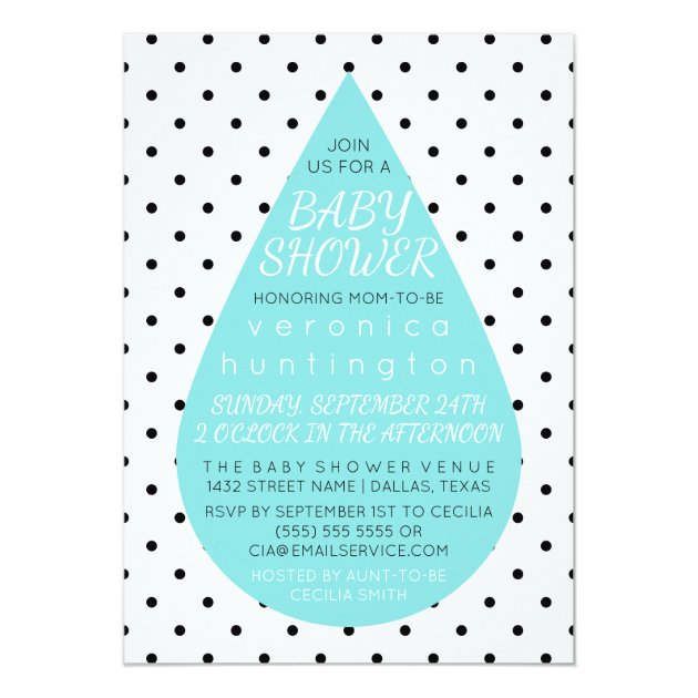 Big Raindrop & Polka Dots Blue Baby Shower Invitation