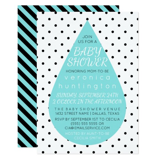 Big Raindrop & Polka Dots Blue Baby Shower Invitation