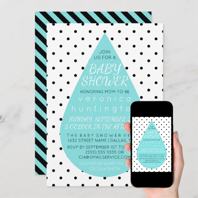 Big Raindrop & Polka Dots Blue Baby Shower Invitation Zazzle