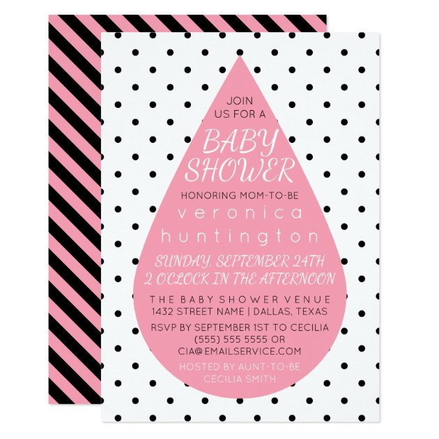 Big Raindrop & Polka Dots Pink Baby Shower Invitation