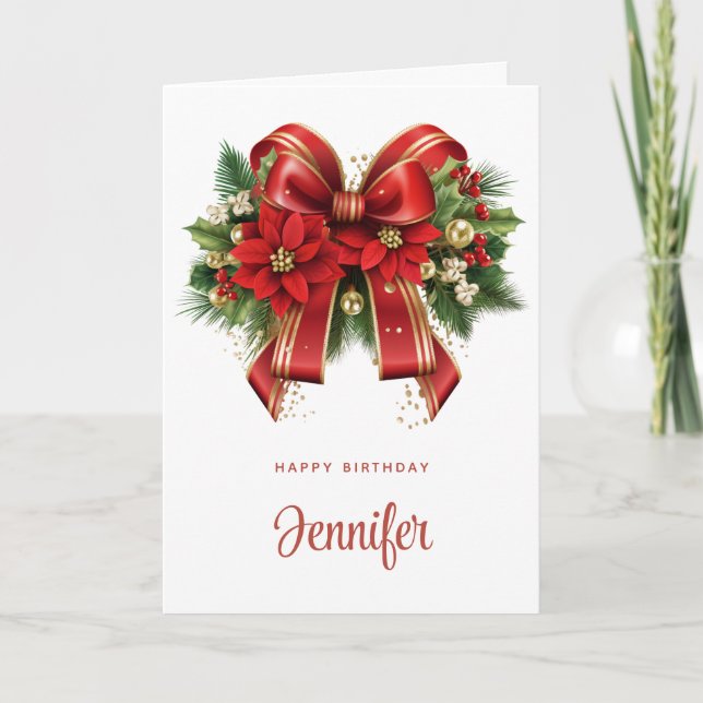 Big Red and Gold Bow Festive Holiday Birthday Card (Front)